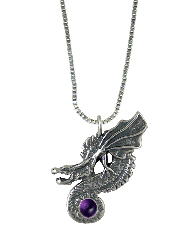 Sterling Silver Wyvern Dragon Pendant With Amethyst